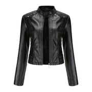 Juebong PU Leather Jacket for Women for Teen Girls Dressy Slim Leather Lapel Zip Motorcycle Suit Belt Coat Jacket Tops, Black, XL